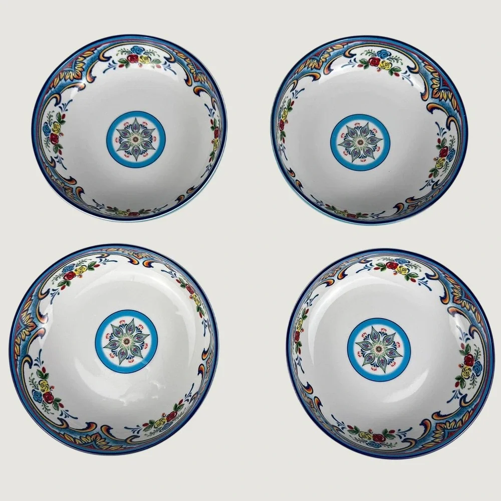 Euro Ceramica Zanzibar 5 Piece Pasta Bowl Set Blue Floral Spanish Design Ceramic